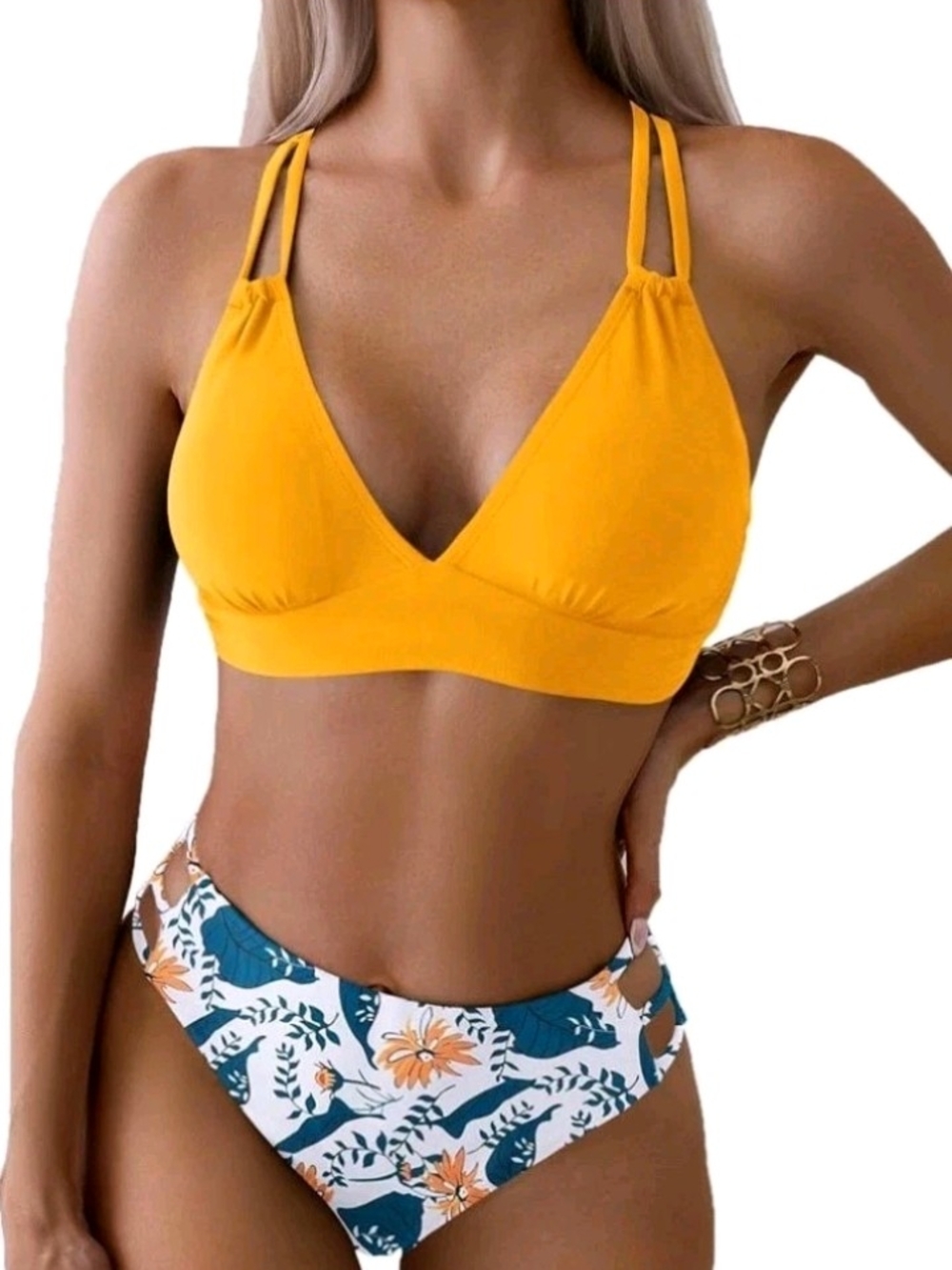Yellow Strappy V-Neck Bikini Top - Women Swim